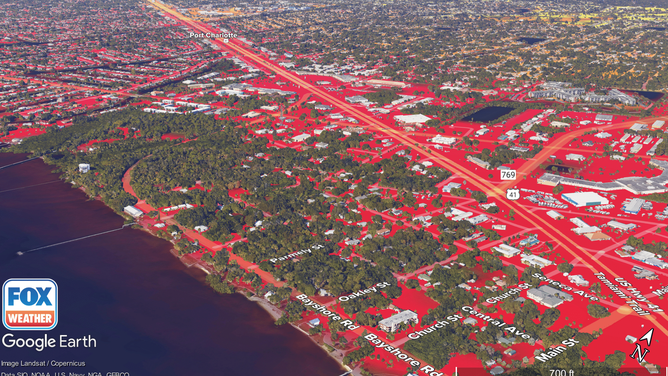 A model of the city of Port Charlotte. The areas highlighted in yellow may see up to 6 feet of flooding. Areas in orange may see up to 9 feet of flooding. Areas in red may see over 9 feet of flooding.