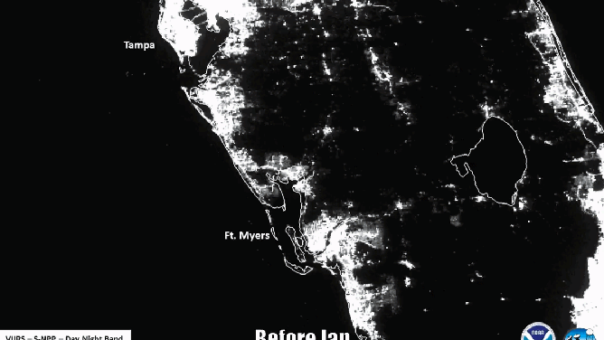 NOAA and NASA's Suomi NPP satellite shows where power outages remained in Florida after Hurricane Ian.
