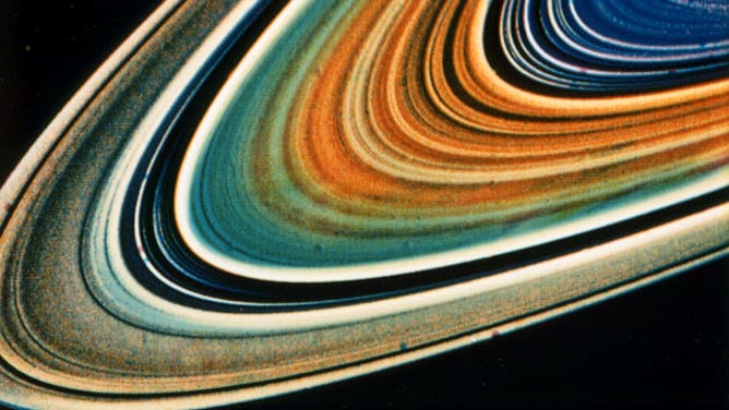 Saturn C-ring and B-ring with many ringlets in false color. Taken by Voyager spacecraft on Aug. 23, 1981. 