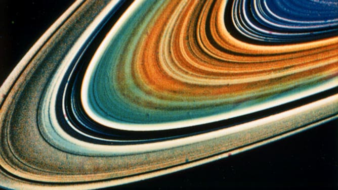 Saturn C-ring and B-ring with many ringlets in false color. Taken by Voyager spacecraft on Aug. 23, 1981.