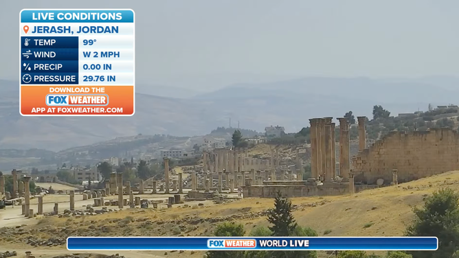 Livestream camera shows a sunny day at ruins in Jerash, Jordan