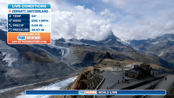 Livestream camera shows the clouds over the mountain range in Zermatt, Switzerland 