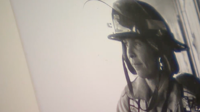 Image of Gorden mother Edy wearing her firefighting gear.