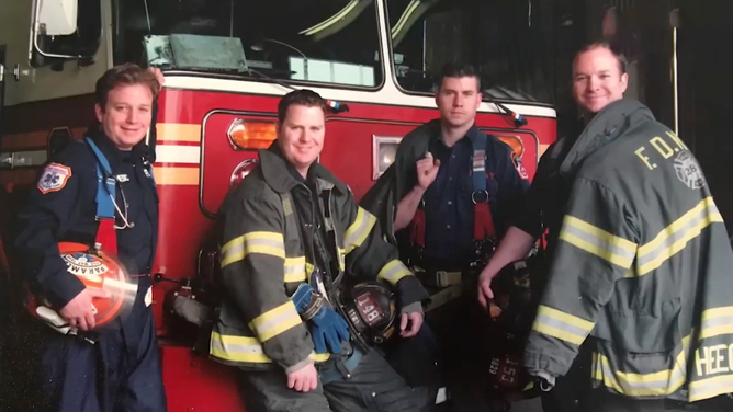 The Hegen brothers at a firehouse.