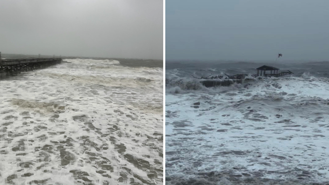 The end of the Pawleys Island pier has collapsed & is floating south.