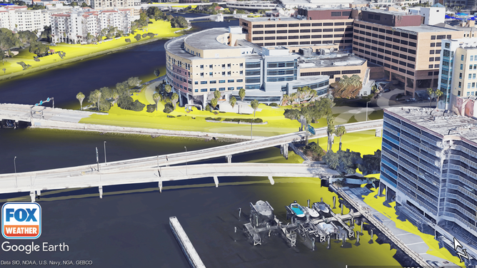 A model of the Tampa General Hospital Campus. The areas highlighted in yellow can see up to six feet of flooding.