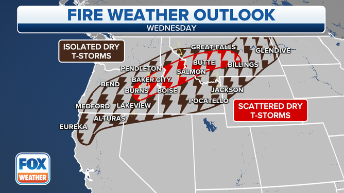 Dry thunderstorms Wednesday afternoon in Northern California, Oregon and Montana could be troublesome for firefighting efforts.
