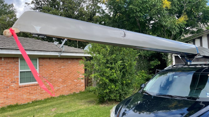 Bite marks on Eugene Janssen's rowing boat from a gator he encountered in Oyster Creek, TX.