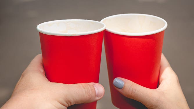 Two red paper cups.