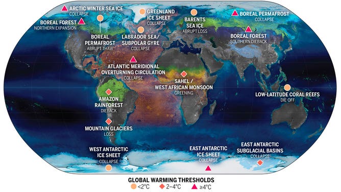 Map of climate tipping points identified in 2022 study