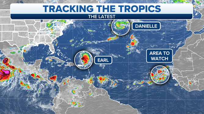 Weather graphic map showing Hurricane Danielle, Tropical Storm Earl and a new disturbance off the coast of Africa