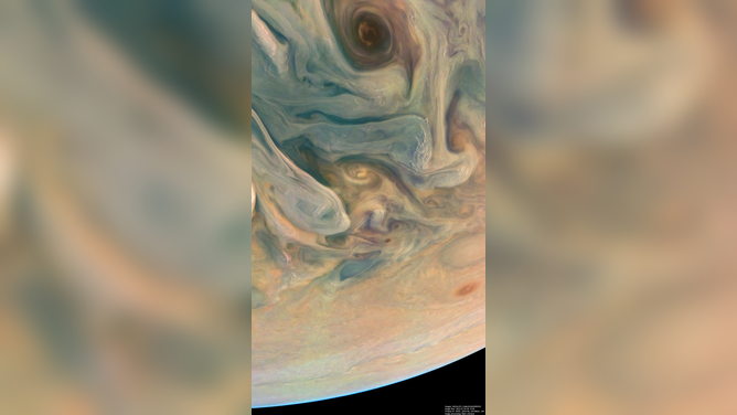 A JunoCam image of Jupiter's clouds was digitally processed to increase both the color saturation and contrast to sharpen small-scale features and to reduce compression artifacts and noise that typically appear in raw images.