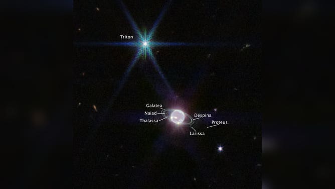 In this version of Webb’s Near-Infrared Camera (NIRCam) image of Neptune, the planet’s visible moons are labeled. Neptune has 14 known satellites, and seven of them are visible in this image.