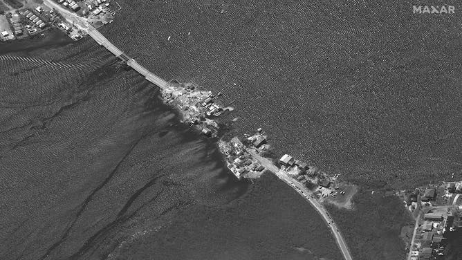 Maxar Satellite images of the Pine Island Causeway bridge washed out in Matlacha, Fla.