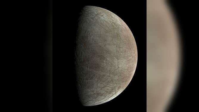 This view of Jovian moon Europa was created by processing an image JunoCam captured during Juno’s close flyby on Sept. 29.
