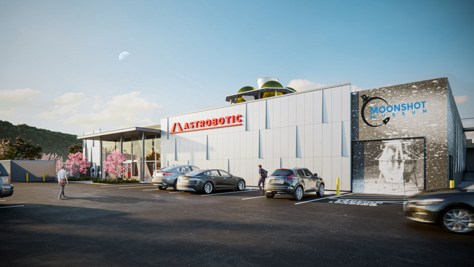 A rendering of the front of the Moonshot Museum on the north side of Pittsburgh, Pennsylvania. The new nonprofit museum shares a building with lunar robotics company Astrobotic.