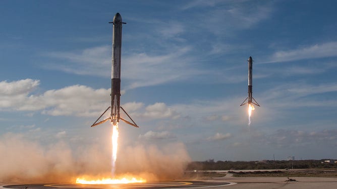 On Feb. 6, 2018, SpaceX launched the Falcon Heavy rocket on a test flight from Kennedy Space Center in Florida. After the launch, the three Falcon boosters came back for landing. One at sea just missed the mark but two boosters landed in uniform at Cape Canaveral Landing Zone 1.