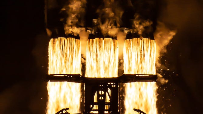 SpaceX Falcon Heavy merlin engines firing during the STP-2 launch in June 2019 from Kennedy Space Center in Florida. (Image credit: SpaceX)