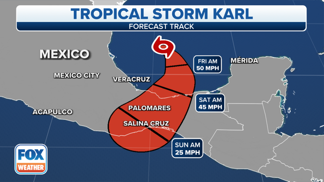 The forecast track for Tropical Storm Karl.