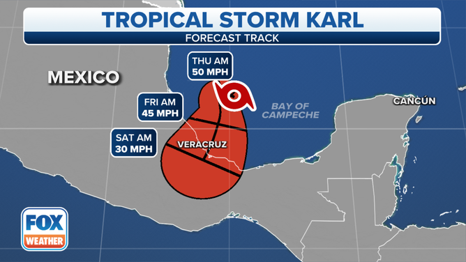 The forecast track for Tropical Storm Karl.