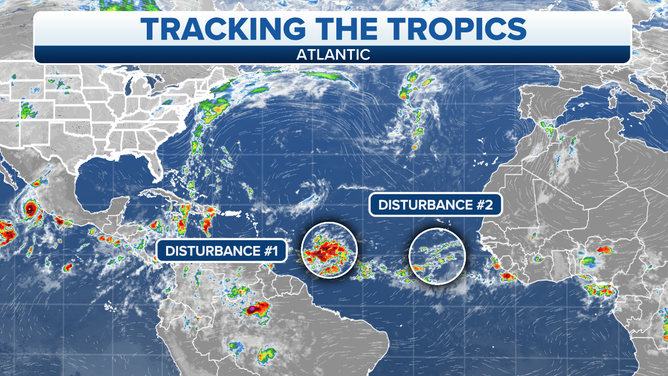 A map showing two tropical disturbances in the Atlantic Ocean.