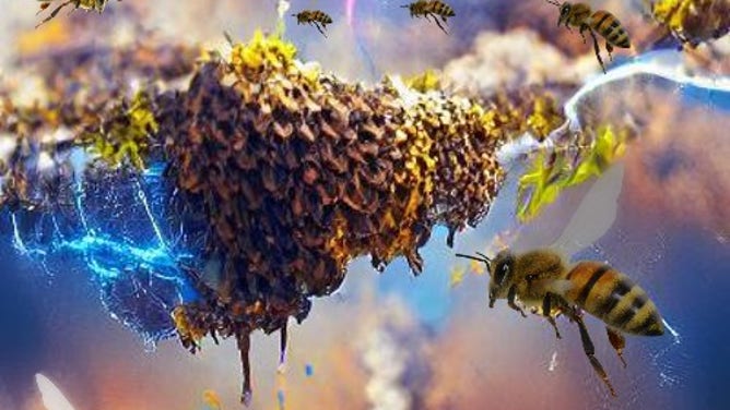 AI rendered image of honeybee swarm and atmospheric electricity