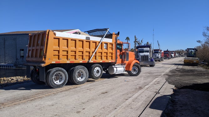 FDOT crews arrive on Oct. 3, 2022 to begin working on restoring access to Pine Island in Southwest Florida after Hurricane Ian washed away a bridge on Pine Island Causeway. 