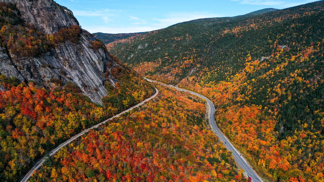 NEW HAMPSHIRE, USA - OCTOBER 12: Scenic Railroad is seen during colorful fall foliage in New Hampshire, United States on October 12, 2021. (Photo by Tayfun Coskun/Anadolu Agency via Getty Images)