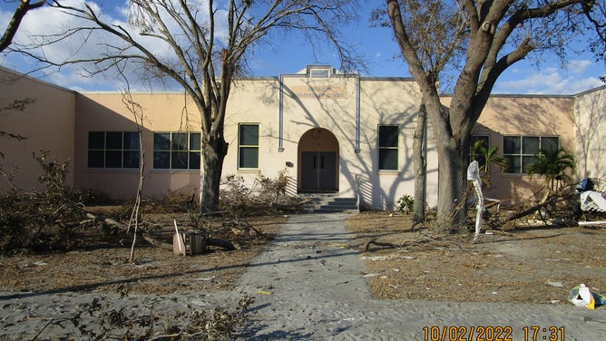 Hurricane Ian damage to the outside of Fort Myers Beach Elementary School.