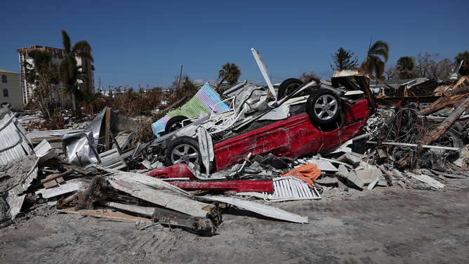 FORT MYERS BEACH, FLORIDA - OCTOBER 04: The devastation left behind by Hurricane Ian is shown on October 4, 2022 in Fort Myers Beach, Florida.  Southwest Florida suffered severe damage during the Category 4 hurricane that caused extensive damage to communities along the state's coast.