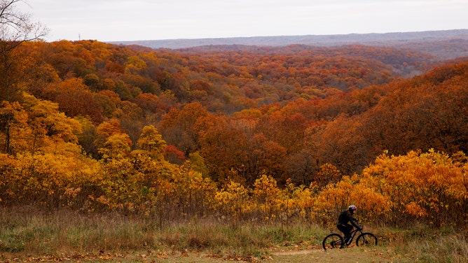 NASHVILLE, IN - NOVEMBER 13: A mountain biker takes to a trail near Hesitation Point in Brown County State Park November 13, 2021 outside of Nashville, Indiana. The nearly 16,000-acre park is a popular seasonal tourist destination for Hoosiers thanks to the park's fall foliage.(Photo by James Brosher for The Washington Post via Getty Images)