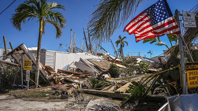 Part of a destroyed mobile home park is pictured in the aftermath of Hurricane Ian in Fort Myers Beach, Florida on September 30, 2022.