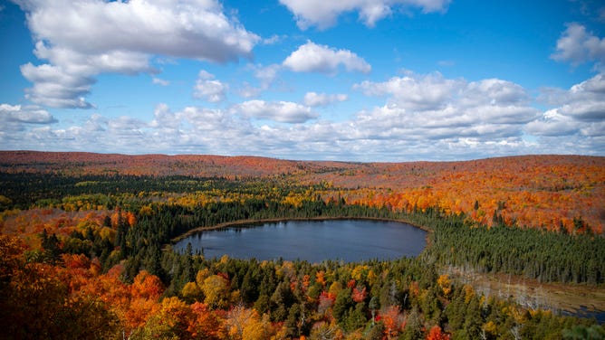 Fall colors burst underneath blue sky and white clouds in Tofte, Minnesota.