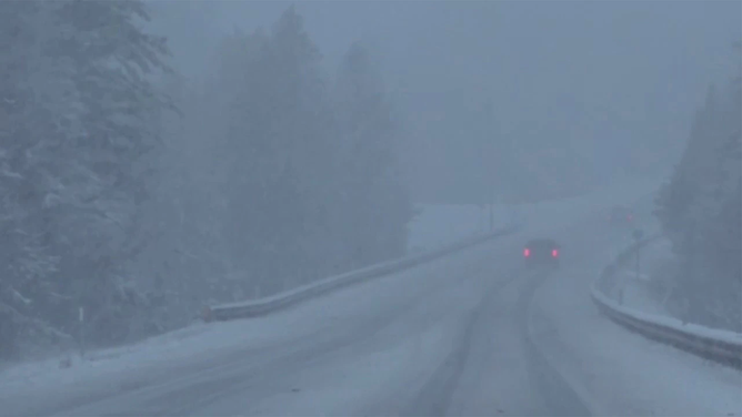 Lake-effect snow coats Champion, Michigan on Monday.