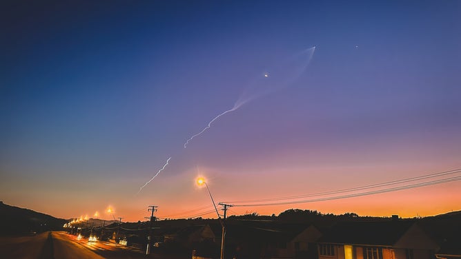 Rocket Lab Electron rocket streaks across the New Zealand sky before sunrise carrying the GAzelle Satellite to orbit with the ARGOS-4 payload.