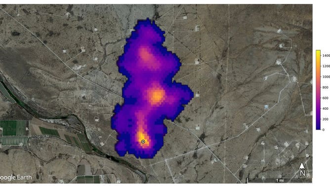 This image shows a 2-mile (3-kilometer) long plume of methane southeast of Carlsbad, New Mexico. Methane is a potent greenhouse gas that is much more effective at trapping heat in the atmosphere than carbon dioxide.