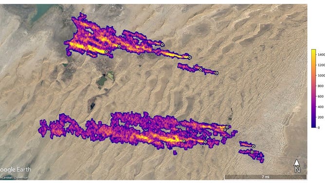 East of Hazar, Turkmenistan, a port city on the Caspian Sea, 12 plumes of methane stream westward. The plumes were detected by NASA’s Earth Surface Mineral Dust Source Investigation mission and some of them stretch for more than 20 miles (32 kilometers). Credit: NASA/JPL-Caltech