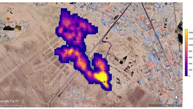 A methane plume at least 3 miles (4.8 kilometers) long billows into the atmosphere south of Tehran, Iran. The plume, detected by NASA’s Earth Surface Mineral Dust Source Investigation mission, comes from a major landfill, where methane is a byproduct of decomposition. Credit: NASA/JPL-Caltech