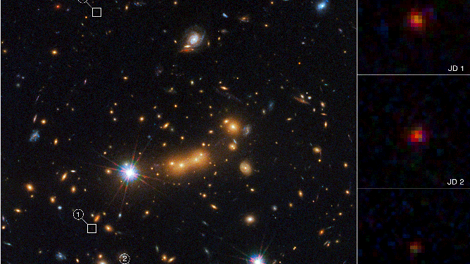 A comparison between the Hubble Space Telescope images of MACS0647-JD from 2012 and the 2022 images from the James Webb Space Telescope. Note that MACS0647-JD appears as a faint, red dot in the Hubble image, but Webb reveals much more detail. 