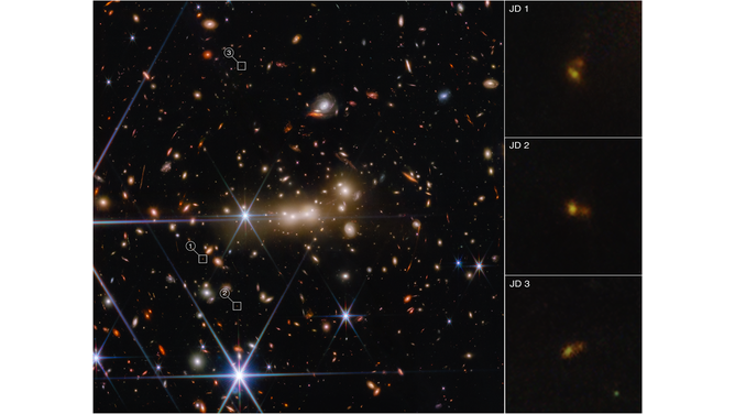 he massive gravity of galaxy cluster MACS0647 acts as a cosmic lens to bend and magnify light from the more distant MACS0647-JD system.