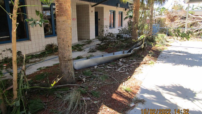 Hurricane Ian debris outside The Sanibel School in Lee County, Florida.