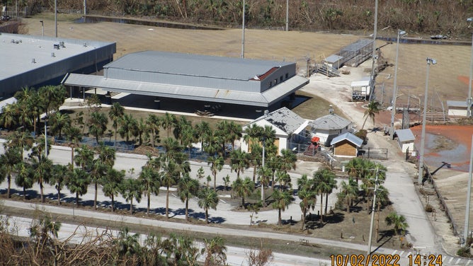 An aerial photo of Hurricane Ian debris outside The Sanibel School in Lee County, Florida.