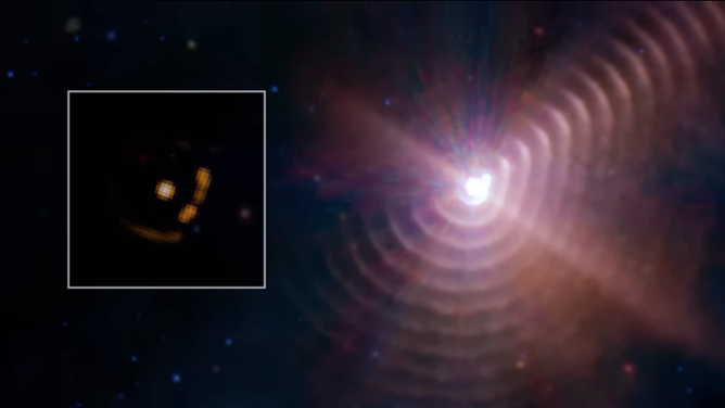 Previous image on the left of Wolf Rayet 140 and the new image from the James Webb Space Telescope. 