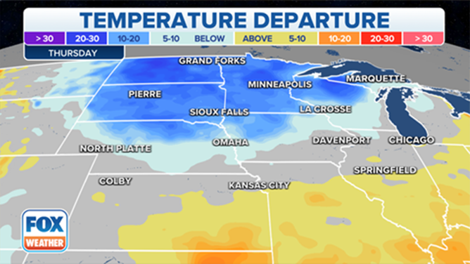Temperatures will be 10-20 degrees below average from Thursday.