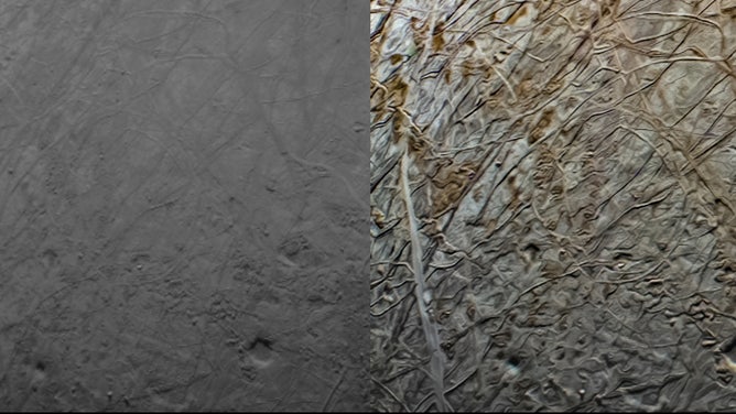 This pair of images shows the same portion of Europa as captured by the Juno spacecraft’s JunoCam during the mission’s Sept. 29 close flyby. The image at left was minimally processed. A citizen scientist processed the image at right, and enhanced color contrast causes larger surface features to stand out.