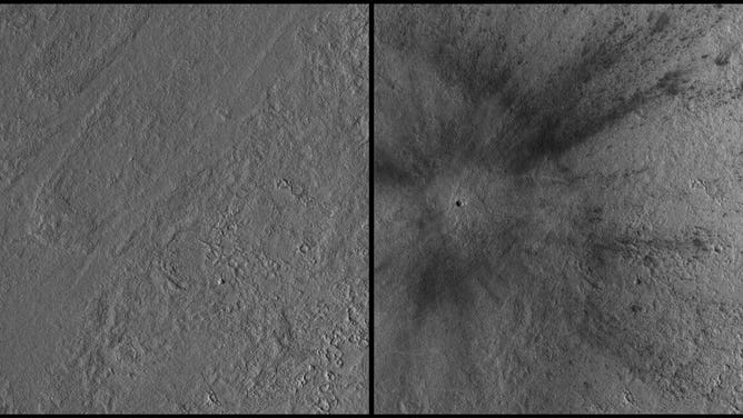 This meteoroid impact crater on Mars was discovered using the black-and-white Context Camera aboard NASA’s Mars Reconnaissance Orbiter.