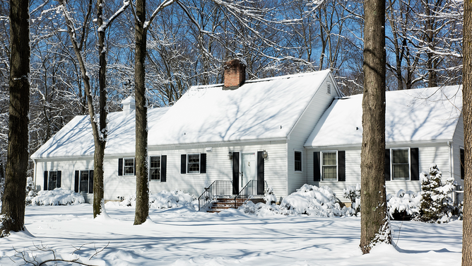 FILE - Snow falls outside a rural house in New Jersey.