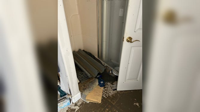 Debris lies on the floor.