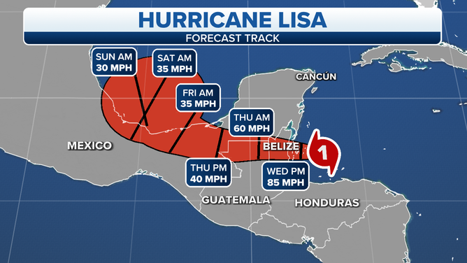 A graphic showing the latest forecast track for Hurricane Lisa.