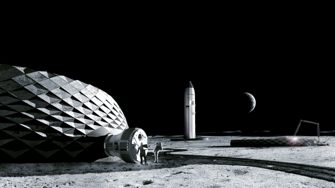A rendering of ICON’s vision for Olympus, the multi-purpose ISRU-based lunar construction system.